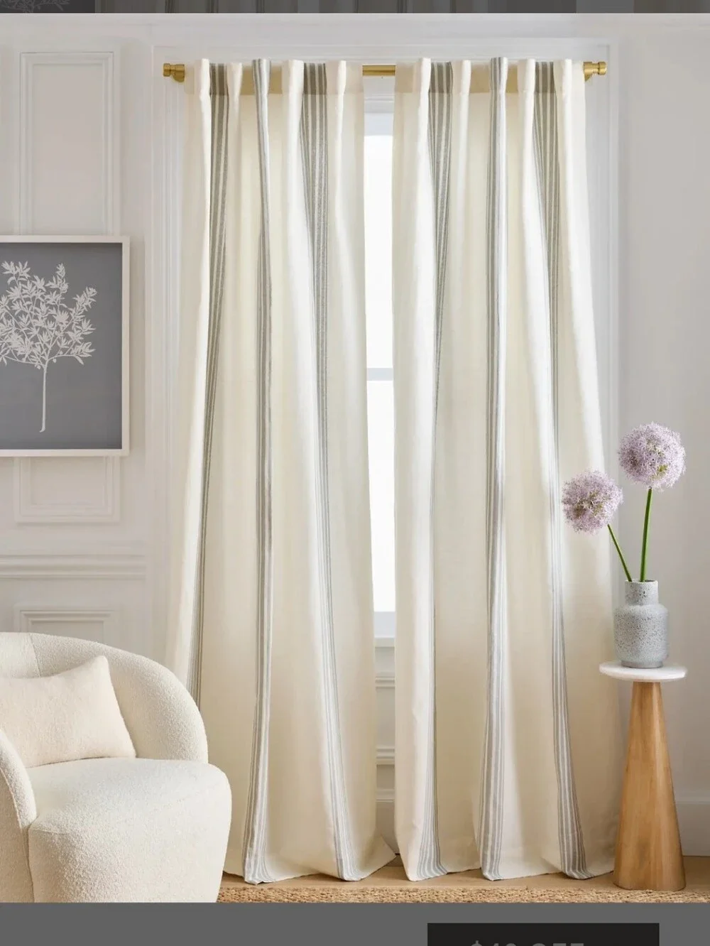 QUINCE 48x96 Sage Ivory Coastal Stripe Linen Cotton Light Filter 1 Panel 48